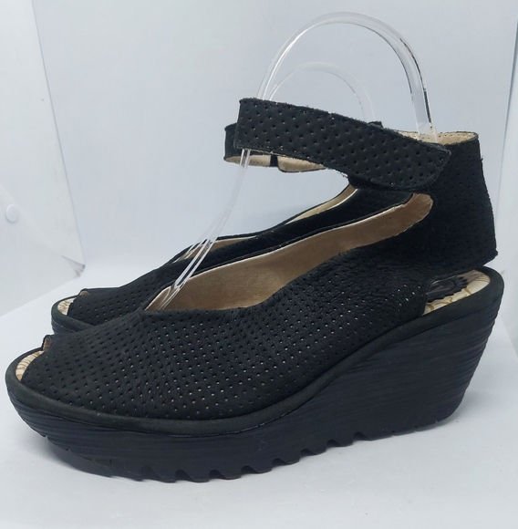 FLY London YALA Perforated Wedge Open Toe Sandals Black Womens Size 39 US8-8.5 - Picture 1 of 13